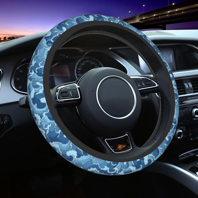 Waves Japan Blue Steering Wheel Cover Car Accessories Cute for Women Girls Girly Universal 15 Inch Neoprene Auto Interior Decor Anti Slip Car Truck Protector