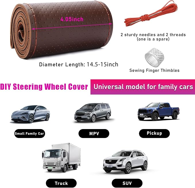 Genuine Leather Steering Wheel Cover, Stitch on Wrap, Breathable Anti-Slip Car Steering Wheel Protector for Max Diameter 15 Inch, DIY Sewing with Needles Thread (Coffee, Hole)