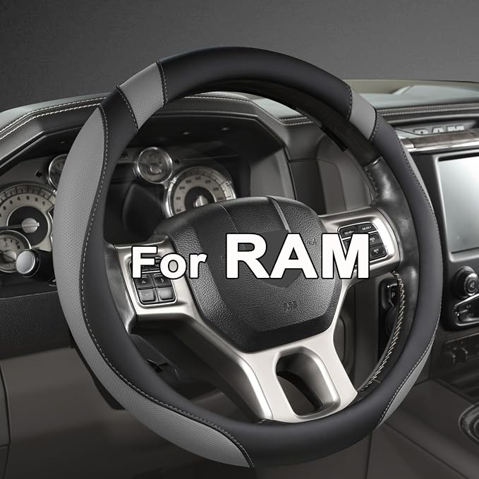Customized Auto Car Steering Wheel Cover for Dodge RAM 1500 2500 3500, 15.5-16 inch (Black+Gray-Large Size)