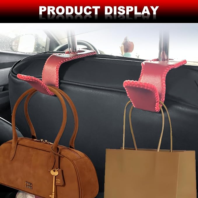 Automotive Universal 2PCS Leather Headrest Hooks, for Car Keep Purses Bags Coats and Groceries Secure Universal Fit for Most Vehicles, Red