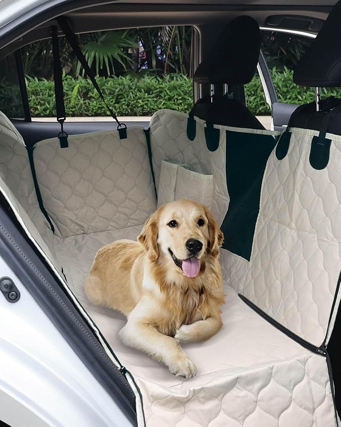 Dog Car Seat Cover with Mesh Window, 100% Waterproof Pet Seat Cover for Back Seat, Scratchproof Dog Hammock for Cars, Trucks, SUVs, Jeeps, Beige
