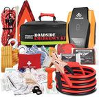 Car Emergency Kit, Roadside Safety Tool Kit with Gloves,Digital Auto Air Compressor Tire Inflator, First Aid Kit, 12 Feet Jumper Cable, Tow Strap, Flashlight for Women, Men, Teenagers