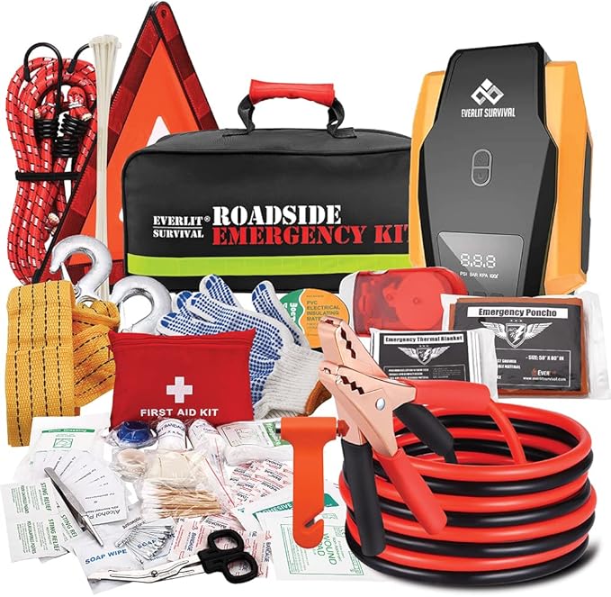 Car Emergency Kit, Roadside Safety Tool Kit with Gloves,Digital Auto Air Compressor Tire Inflator, First Aid Kit, 12 Feet Jumper Cable, Tow Strap, Flashlight for Women, Men, Teenagers