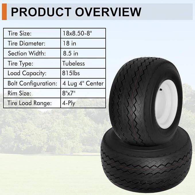 2 Pack 18x8.50-8 Golf Cart Tires with Wheel Assembly, 4-Lug 4" Center Hub, Compatible with Club Car, Cushman, E-Z-GO Golf Carts
