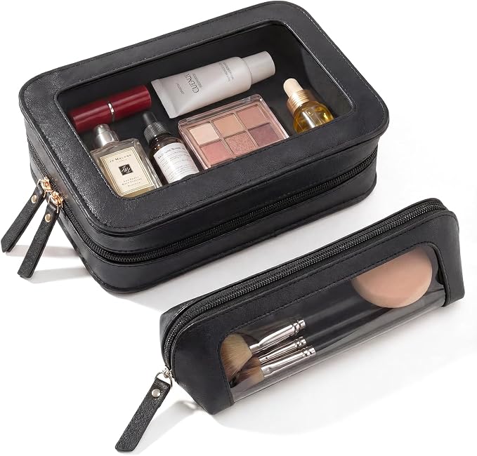 2Pack Clear Makeup Bags Set, Portable Makeup Brush Bag, Zipper Storage Bag Organizer Pouch, Versatile Storage Stationery, Travel Storage Bag, Portable Cosmetic Storage Bag (Black)