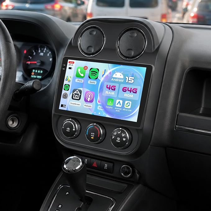 [4G+64G] Android 15 Car Radio for Jeep Compass Patriot 2010-2016 with Wireless Carplay/Android Auto, 10 Inch HD Touch Screen Car Stereo with GPS Bluetooth WiFi FM/RDS EQ SWC Backup Camera MIC