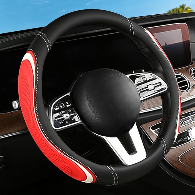 Leather Splicing Black Red White Car Steering Wheel Cover,14.5-15 Inch Universal Microfiber Leather Covers Breathable Anti-Slip Odorless Steering Wheels Accessories for Men Women