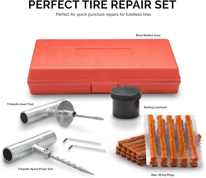 50002L -35 Piece Tire Repair Universal Heavy Duty Tire Repair Kit with Plugs, Fix A Flat Tire Repair Kit, Ideal for Tires on Cars, Trucks, Motorcycles, ATV Roadside Emergency, Tire Plug Kit