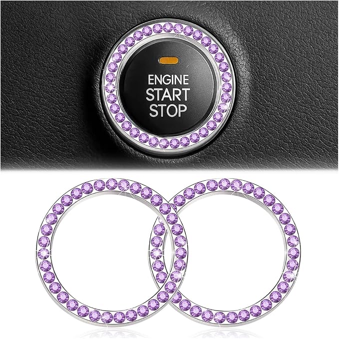 Bling Car Engine Start Ring Decals, 2PCS Crystal Rhinestone Vehicle Push Start Button Cover Sticker, Key Ignition Knob Ring, Sparkling Automotive Interior Accessories (Violet)