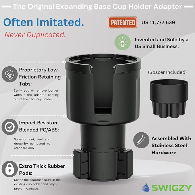 Car Cup Holder Expander (Long Base) - Adjustable Expandable Insert Extender, Automotive Adapter Holds Hydro-Flask, Yeti, Nalgene, Large (32 40 oz) Water Bottles, Big Drinks - Universal