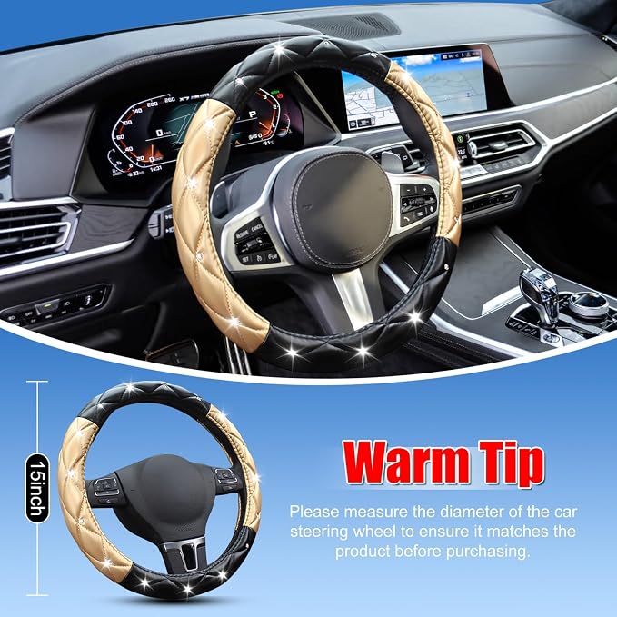Black and Gold Steering Wheel Cover, Auto Cute Diamond Bling Soft Comfort Leather Car Interior Accessories Protector Sparkly Fit Most O-Shaped Steering Wheels