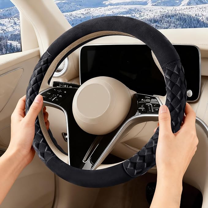 Black Diamond Patterned Plush Steering Wheel Cover, for Universal Auto Steering Wheel 14.5-15 in, Short Fluffy, Anti-Slip, Soft Plush, Comforting and Luxurious, Odorless, Soft Texture