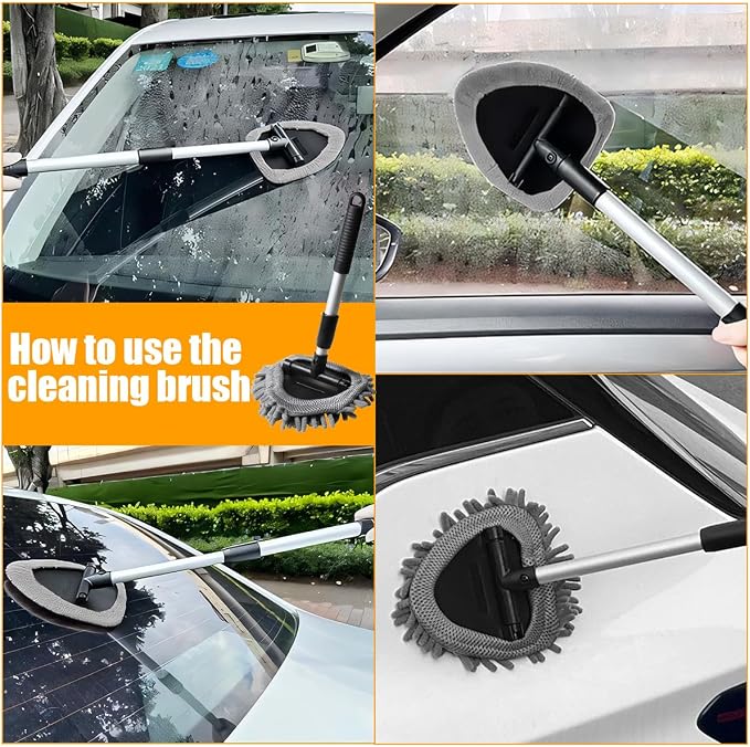 Car Windshield Cleaner Tool, Extendable Handle Triangle Vehicle Window Cleaner with 3 Washable and Reusable Microfiber Pads, Auto Windscreen Cleaning Tool, Universal Fit