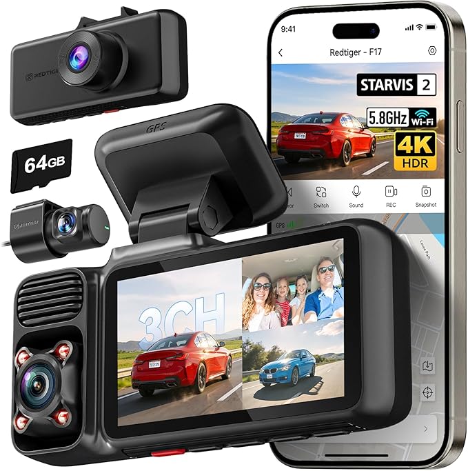 F17 4K 3 Channel Dash Cam, STARVIS 2 IMX675 HDR, 2160P+1080P+1080P Front Inside and Rear Triple Car Camera with 64GB Card, 5.8GHz WiFi GPS, IR Night Vision, G Sensor, WDR, Parking Mode