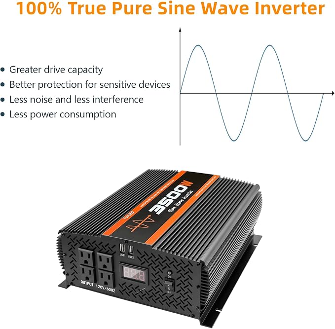 3500W Pure Sine Wave Inverter 12V to 120V with 4 Power Outlets for RV Solar Power