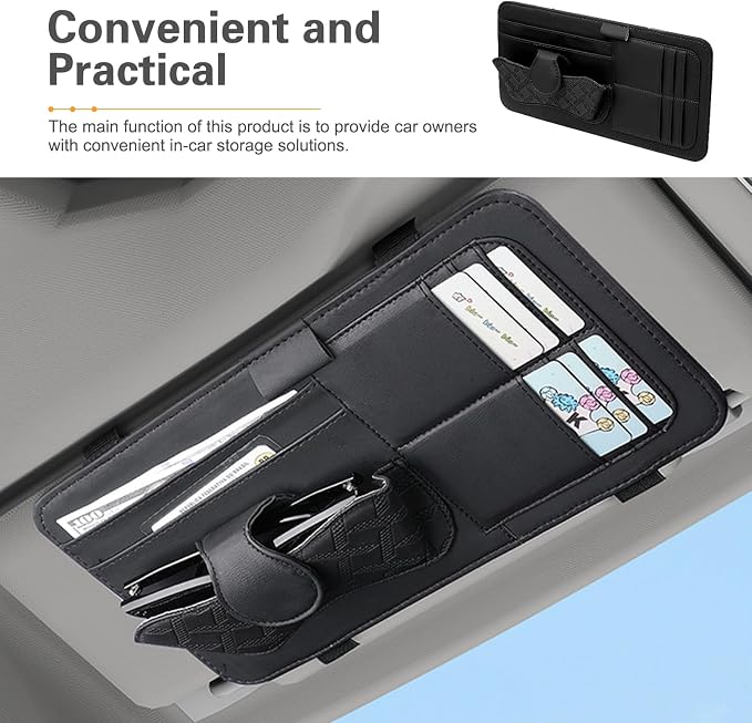 Car Sun Visor Organizer, Multi-Function Leather Car Visor Storage Pouch for Sunglasses Cards Licenses Pens, Multi-Pocket Visor Organizer, Universal for SUV, Sedan, Truck (Black)