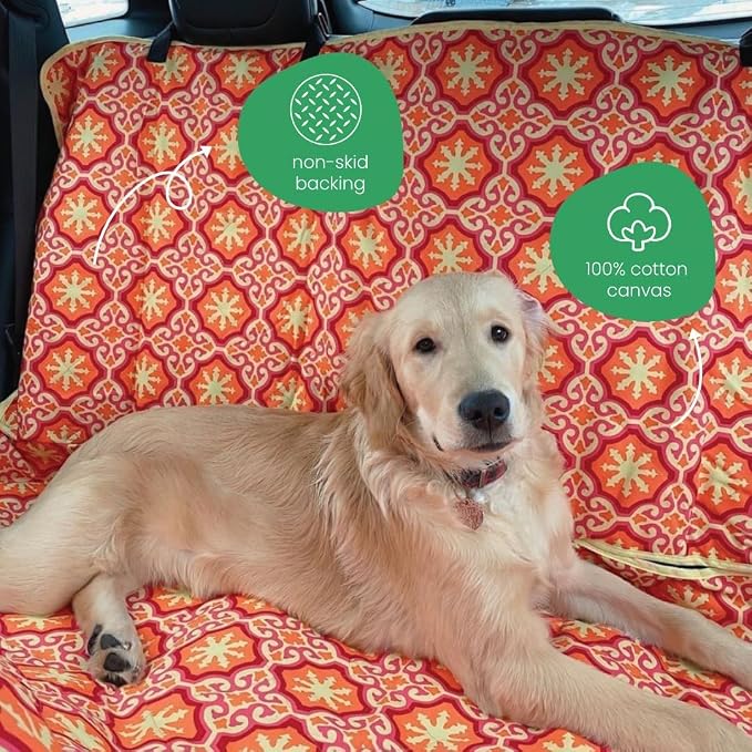 3-in-1 Back Seat Cover for Dogs, 100% Cotton Canvas Back Seat Hammock with Headrest Straps, Belt Slots, & Anchors, Non-Skid Cargo Area Cover, Machine Washable, No Harmful Chemicals, 56"x56"