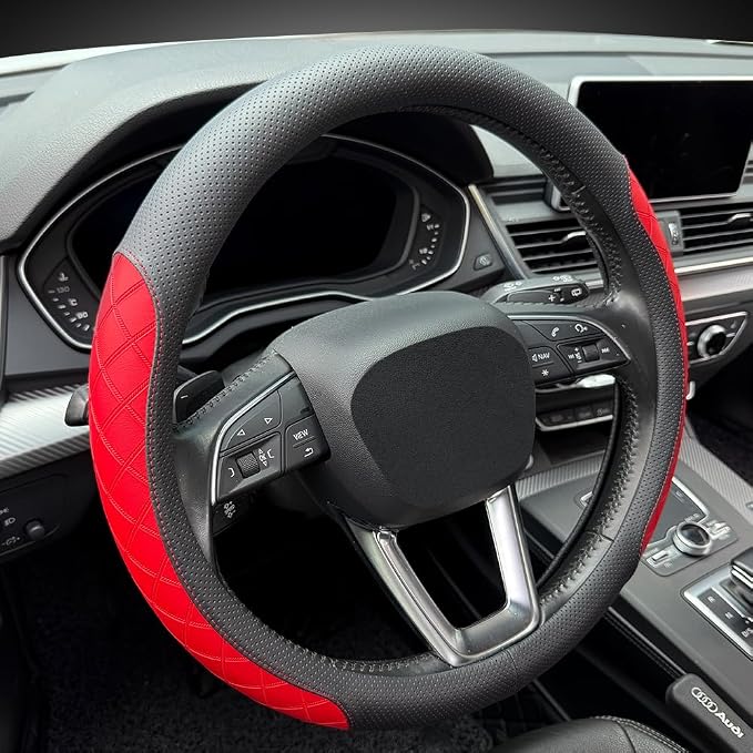 Nappa Leather Steering Wheel Cover, Elegant Diamond Checkered Design, Non-Slip wear-Resistant, Enhance Driving Comfort, Suitable for Steering Wheel Diameter 14 1/2‘-15’ Models.Black Red