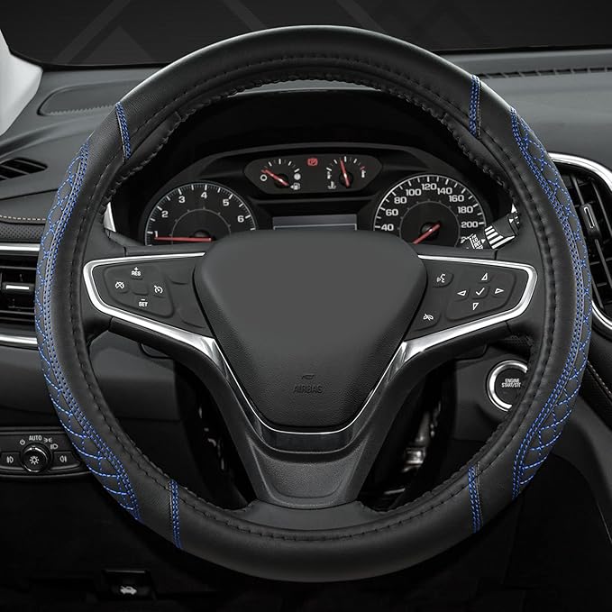 Customized Auto Car Steering Wheel Cover for Chevy Silverado,Tahoe,Equinox,Traverse,Trailblazer,Colorado (Diamond Quilted-Black+Blue-Standard Size)