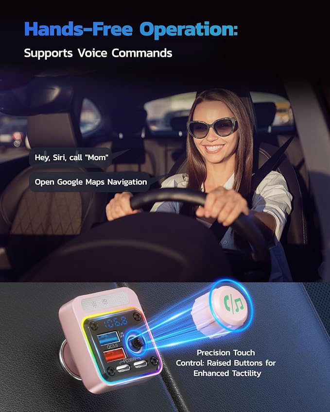 54W Bluetooth 5.3 Car Adapter with 4 Charging Ports [PD 36W & QC3.0 18W], Wireless Radio FM Transmitter with Deep Bass Player & 5 Colors LED Backlit, Hands-Free Calling - Pink