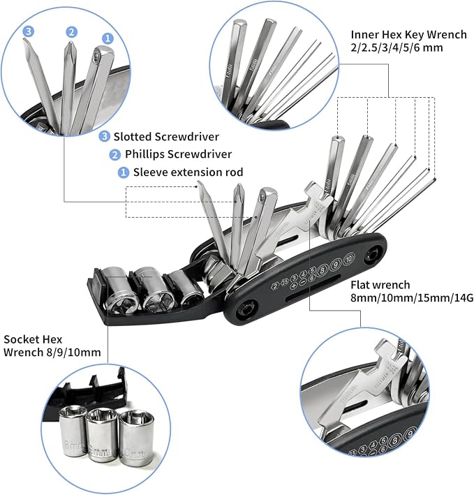Bike Tire Repair Kit, 21-PC with 16-in-1 Multitool & Saddle Bag - Portable Bicycle Emergency Tool Set for Road, Mountain & Commuter Bikes - Glueless Patches, Emergency Flat Tire Repair
