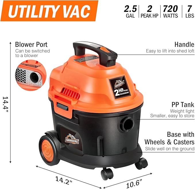 AA255W Wet/Dry Utility Vac 2.5 Gallon, 2.5-Gallon,120 Volts (AC), Orange/Black