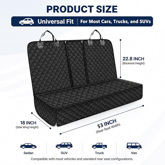 SNZ Dog Car Seat Cover for Back Seat, 100% Waterproof Pet Seat Protector, Bench Backseat Covers for Dogs (53” Width), Scratch Proof Nonslip for Most Cars, Trucks, and SUVs
