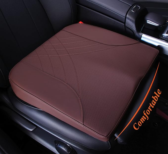 Premium Car Seat Cushion, Memory Foam Driver Seat Cushion to Improve Driving View- Coccyx & Lower Back Pain Relief - Seat Cushion for Car, Truck, Office Chair (Leather Brown)
