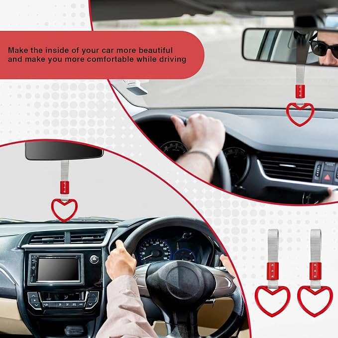 2PCS Heart Shaped Car Handle Straps, Rear Bumper Warning Keychain Ring for Car Exterior Accessories (Red-Silver)