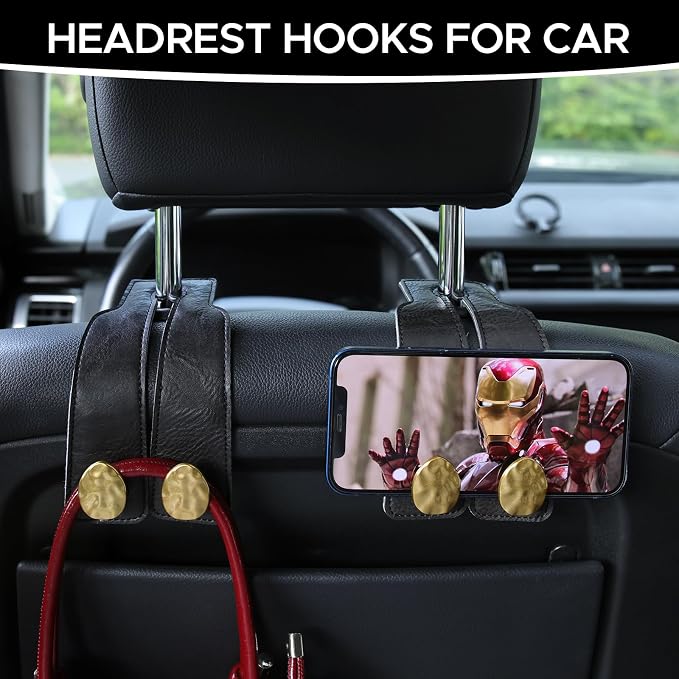 Leather Car Purse Hook for Headrest, 2 Pack, Black-Gold | Twin Hooks Headrest Hangers, 2/4 Pack, No-Slip, Scratch-Proof, Holds Purses, Backpacks, Grocery Bags, Car Organizer Gift