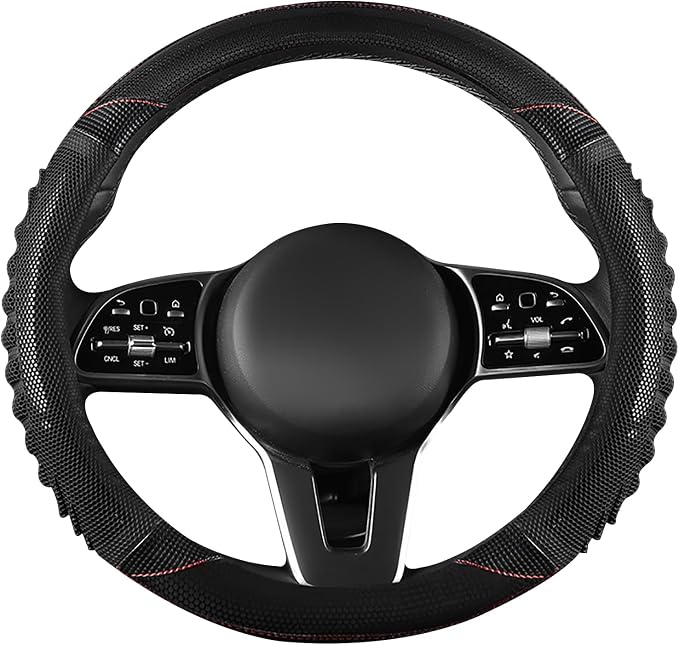 5D Honeycomb Black Car Steering Wheel Cover,14.5-15 Inch Universal Carbon Fibre Leather Covers Breathable Anti-Slip Odorless Steering Wheels Accessories for Men Women