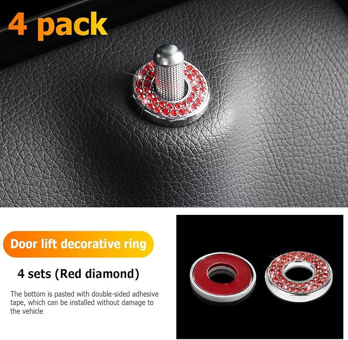 4 Pcs Bling Car Inner Door Lock Covers, Crystal Pull Rod Bolt Stickers, Sparkly Rhinestones Auto Door Bolt Decorations, Vehicle Lock Pin Cap Decors for C Class C200L GLC260 C260L (Red)