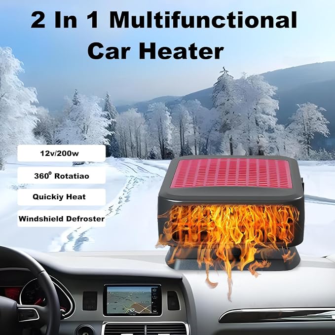 Car Heater, 12V 200W Fast Heating and Cooling Mode Windshield Defroster & Defogger, Portable Car Heater that Plugs into Cigarette Lighter, 360° Rotatable Car Heaters for Vehicle,SUV,RV,Jeeps (Red)