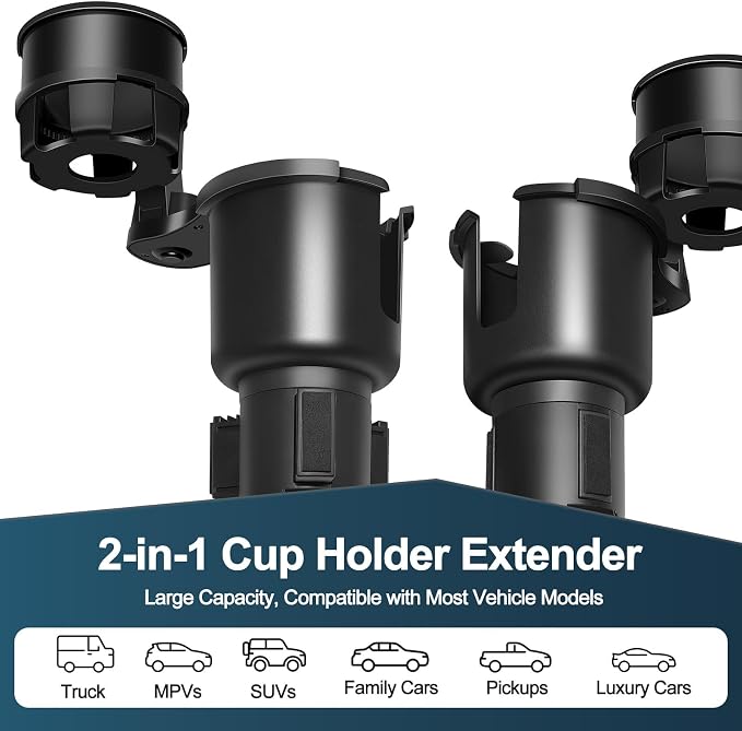 Car Cup Holder Expander, Cup Holder Expander, Cupholder Expander with Adjustable Extension Base and 360° Rotation Design, Fits Mugs, Cups, Large Water Bottles in 2.9"-3.8" (10-46oz), Black