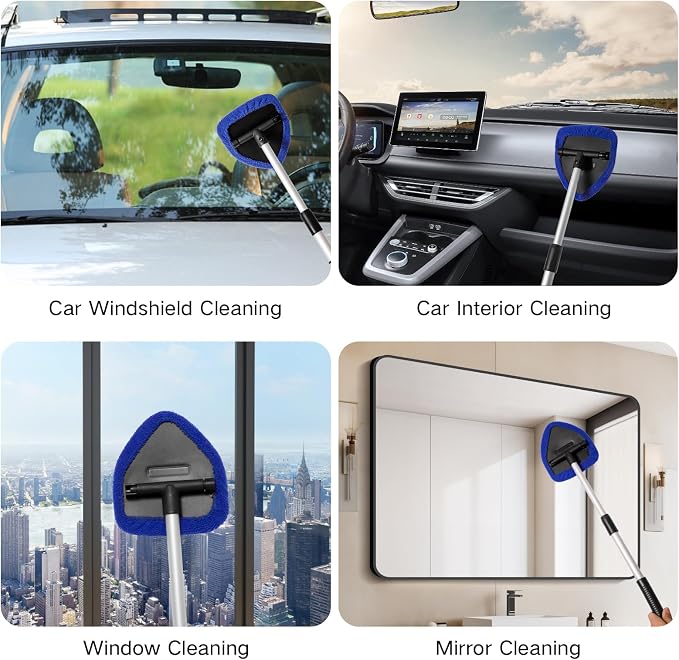 7pcs Windshield Cleaner Tool Car Window Cleaning Wash Kit with 4 Reusable Microfiber Pads 1 Spray Bottle and Extendable Handle Auto Glass Wiper Kit, Blue