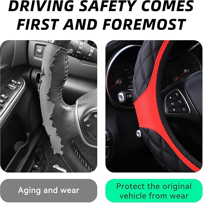 15 Inch Car Leather Steering Wheel Cover, Automotive Accessories Elastic Breathable Anti-Slip Soft Wheel Protector Fits Men and Women, Suitable for SUVs, Trucks, Vehicles and RVs (Red-1)