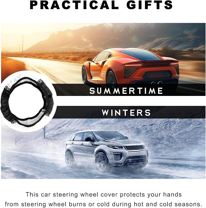Bling Car Steering Wheel Cover, 15 Inch Sparkly Rhinestone Soft Leather Steering Wheel Protector, Non-Slip Universal Auto Elastic Steering Wheel Covers for Women Girls (White)
