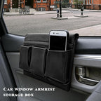Car Window Armrest Storage Box, Leather Auto Side Door Arm Rest Pad Organizer with Multiple Pocket, Multifunctional Vehicle Armrest Elbow Pad Storage Bag, Universal Fit (Black)
