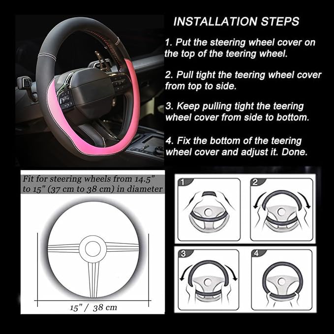 Microfiber Leather Steering Wheel Cover Universal 15 inch(Pink)
