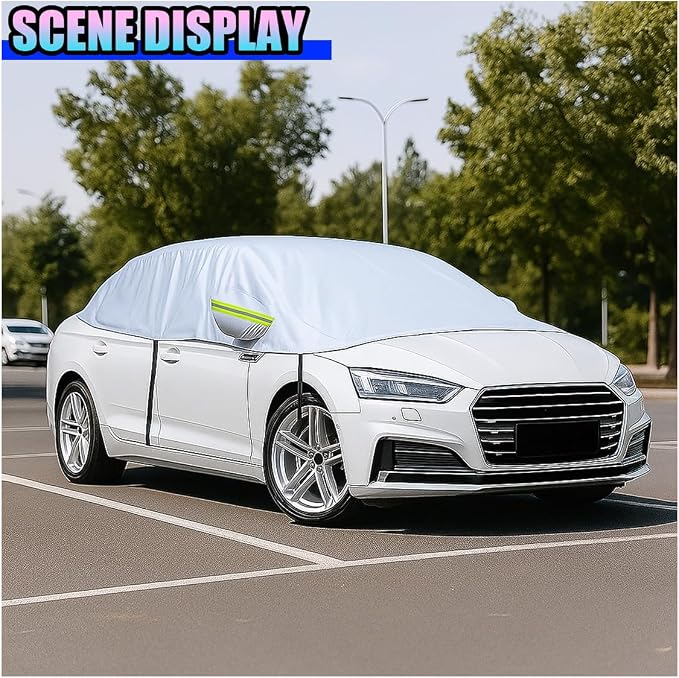 Half Car Cover for Sedan, 141.7" Windproof Windshield Cover, Dustproof Auto Sunroof Covers with Reflective Straps, All Season Universal Waterproof Vehicle Window Sun Protector(Sedan)