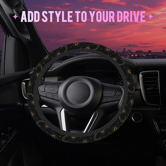 Celestial Sun Moon Star Steering Wheel Cover for Women Men Neoprene Breathable Wheel Cover Protector Anti-Slip Car Accessories Universal 15 Inch Fit for Cars Trucks Vehicles