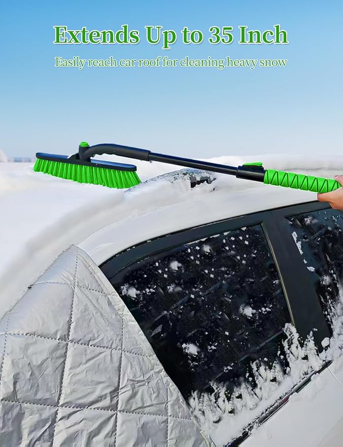 Snow Brush for Car, Extendable Snow Brush and Ice Scraper with Foam Grip, Car Window Scraper for Snow and Ice for SUV Truck Auto RV Vehicle Windshield - Green