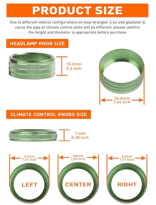 Climate Control Panel Knob Trim Kit & Light Control Switch Cover, Air Conditioner Knob Aluminum Alloy Ring for 2018-2024 Jeep Wrangler JL JLU & Gladiator JT, Interior Accessories, Green