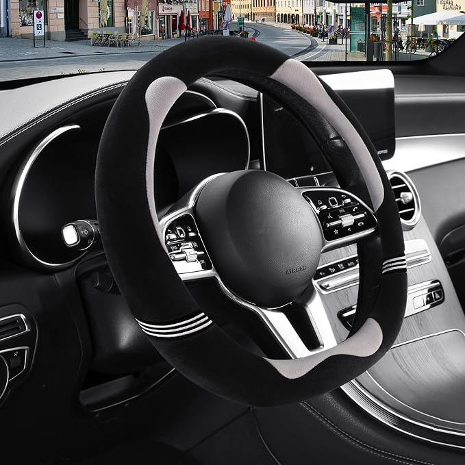 Furry Cute Soft D Shaped Steering Wheel Cover 14 inch Black Gray | Fluffy Short Plush Car Accessories, Non-Slip Cold-Proof Sweat-Proof Colorfast, Small 13.5 inch to 14 inch