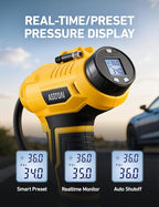 Cordless Tire Inflator Portable Air Compressor Fast Inflation 160 PSI Air Pump 20V Rechargeable Battery Powered with 12V DC Adapter Digital Pressure Gauge for Cars Motorcycles Bikes Yellow