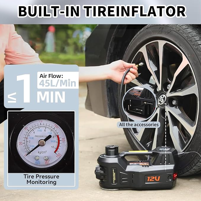 Electric Hydraulic Car Jack Kit 5 Ton 12V Portable Lift Range 17.7 Inch with Impact Wrench and Tire Inflator Pump for SUV Sedan Truck Car Repair Floor Jack for Vehicle Tire Change with LED Light
