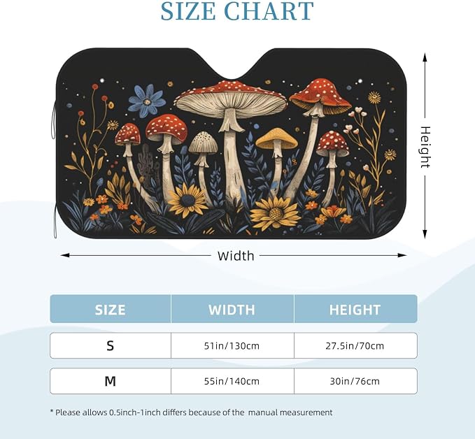 Windshield Sun Shade Boho Mushroom Flower Vintage Car Front Window Sunshade Cover for Truck SUV Blocks UV Rays Automotive Visor Interior Protector 55 x 30 inch