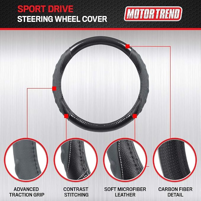 GripPlus Black Carbon Fiber Steering Wheel Cover, Standard 15 inch Size, Advanced Traction Grip, Car Steering Wheel Cover for Truck Van SUV Auto