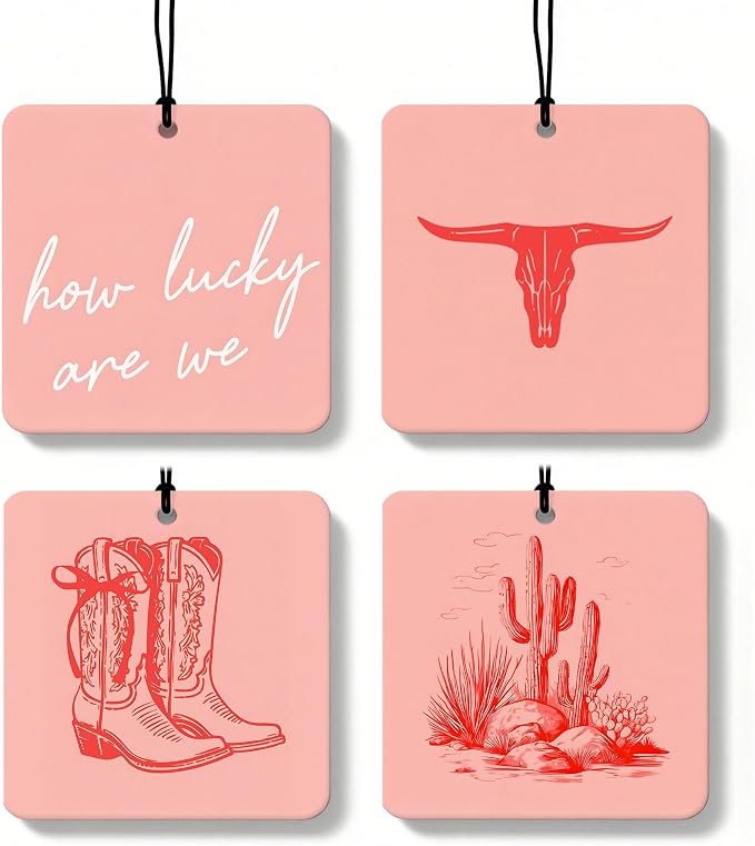 Boho Western Pink Orange Car Air Freshener 4 Pcs, Preppy Cow Skull Cactus Cowgirl Boots Square Hanging Air Freshener for Closet Drawer Books, Western Car Accessories Mirror Decor for Women