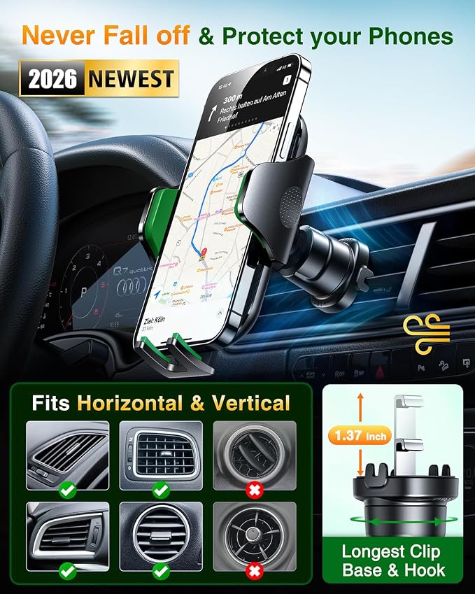 Phone Holders for Your Car Ultimate Military-Grade Car Phone Holder Mount【Patent & Safety Certs】 Upgraded Shockproof Truck Air Vent Phone Mount for iPhone 17 Pro Max 16 Samsung Android,Green